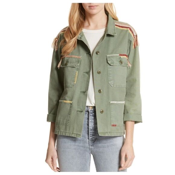 Women's Embroidered Army Green Military Jacket Size 1 Casual Fringe - Picture 1 of 16